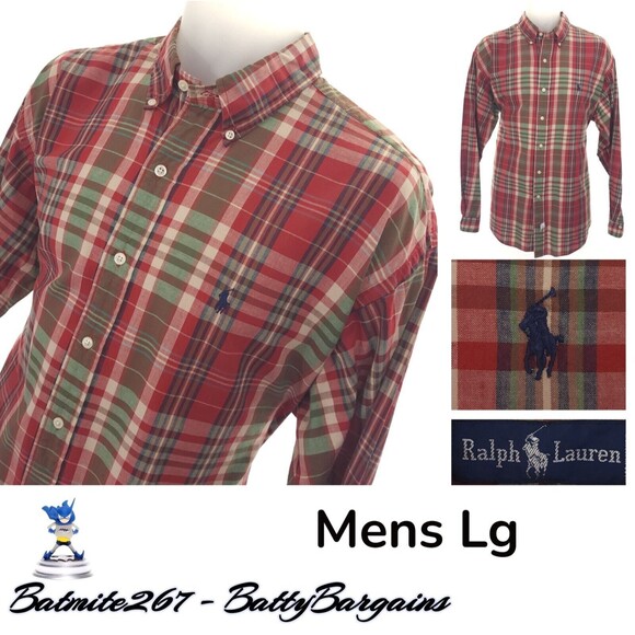 Polo Ralph Lauren Other - Polo Ralph Lauren PONY Mens L Shirt L/S Button Up Red Green Plaid Cotton Blue Lg